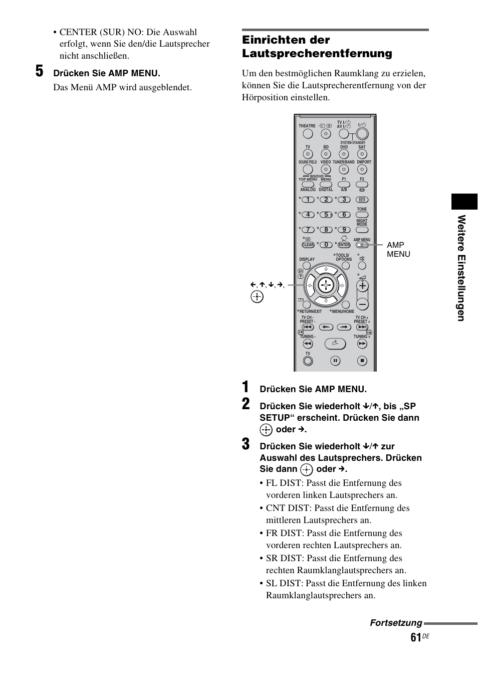 Einrichten der lautsprecherentfernung, We itere eins tellu ng e n, Das menü amp wird ausgeblendet | Drücken sie amp menu, Drücken sie wiederholt, Fortsetzung | Sony HT-IS100 User Manual | Page 61 / 256