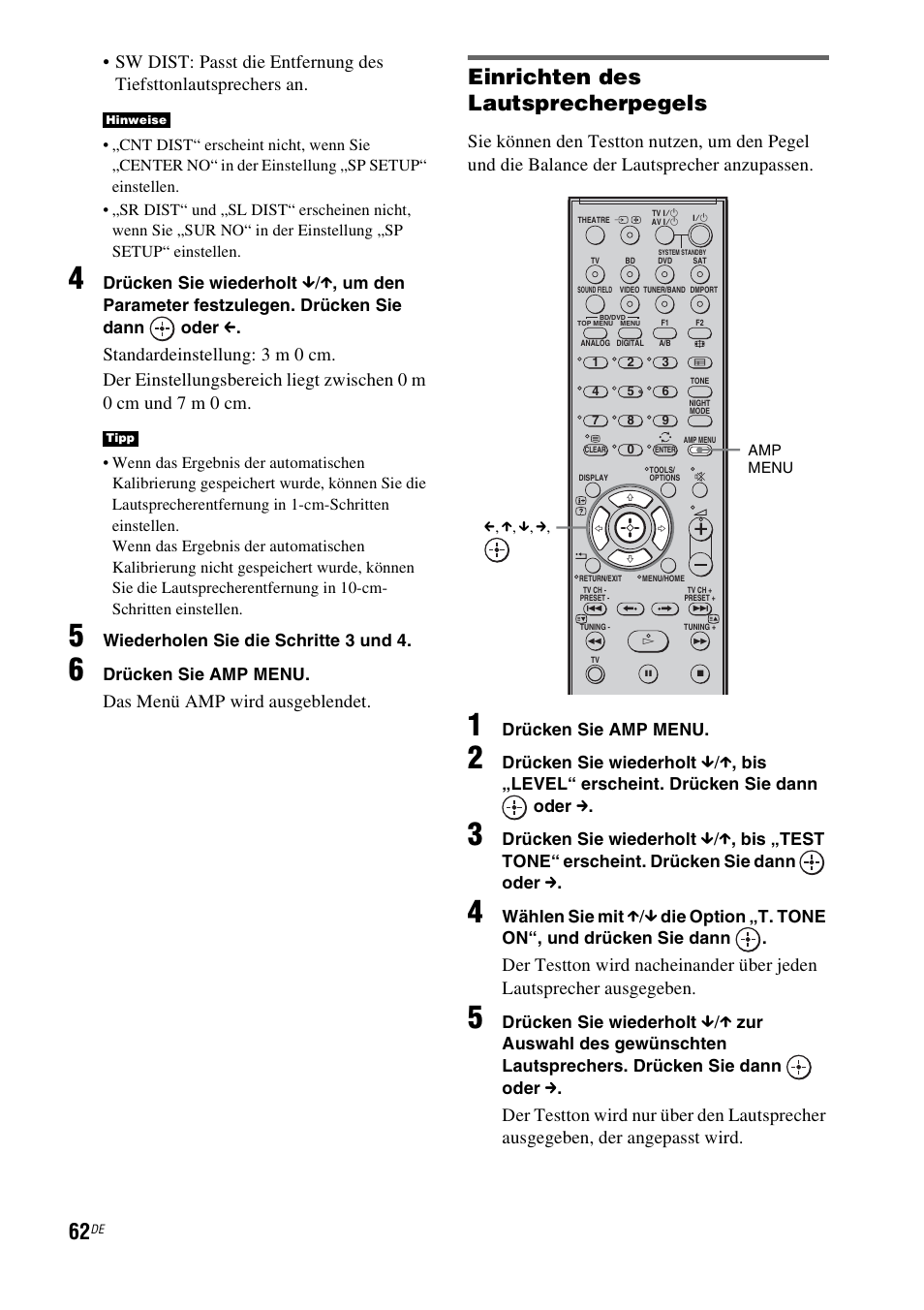 Einrichten des lautsprecherpegels, Das menü amp wird ausgeblendet | Sony HT-IS100 User Manual | Page 62 / 256