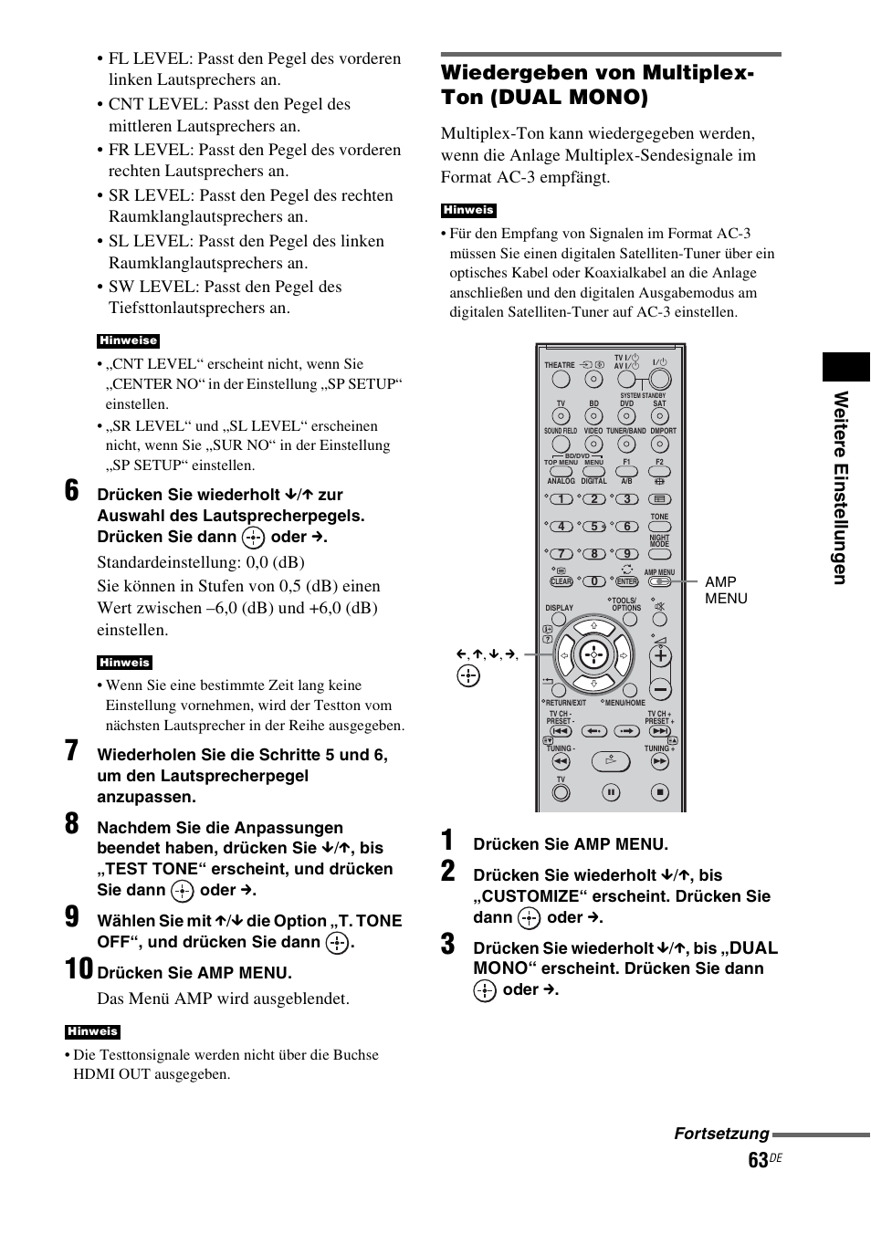 Wiedergeben von multiplex- ton (dual mono), We itere eins tellu ng e n, Das menü amp wird ausgeblendet | Dual mono | Sony HT-IS100 User Manual | Page 63 / 256