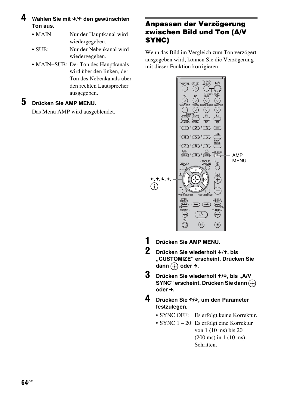 Das menü amp wird ausgeblendet, Wählen sie mit, X den gewünschten ton aus | Drücken sie amp menu, Drücken sie wiederholt, Drücken sie x / x , um den parameter festzulegen | Sony HT-IS100 User Manual | Page 64 / 256