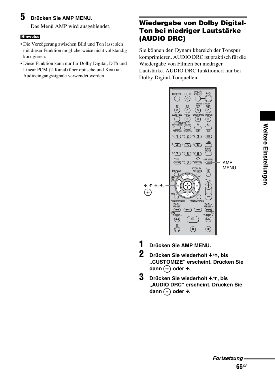 We itere eins tellu ng e n, Das menü amp wird ausgeblendet, Drücken sie amp menu | Drücken sie wiederholt, Fortsetzung | Sony HT-IS100 User Manual | Page 65 / 256
