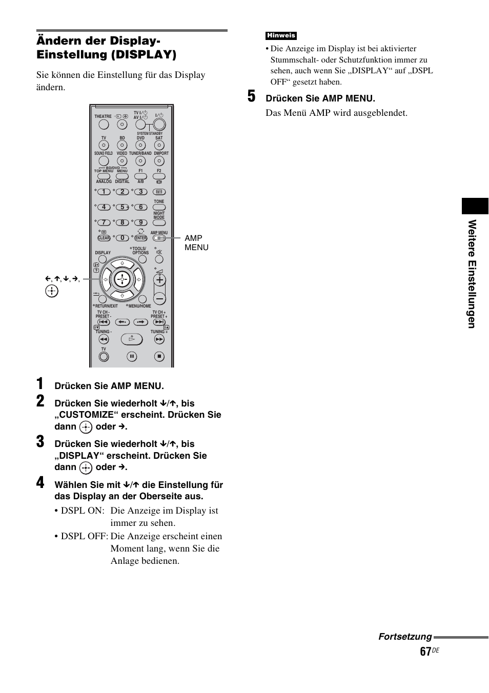 Ändern der display- einstellung (display), We itere eins tellu ng e n, Sie können die einstellung für das display ändern | Das menü amp wird ausgeblendet, Drücken sie amp menu, Drücken sie wiederholt, Wählen sie mit, Fortsetzung | Sony HT-IS100 User Manual | Page 67 / 256
