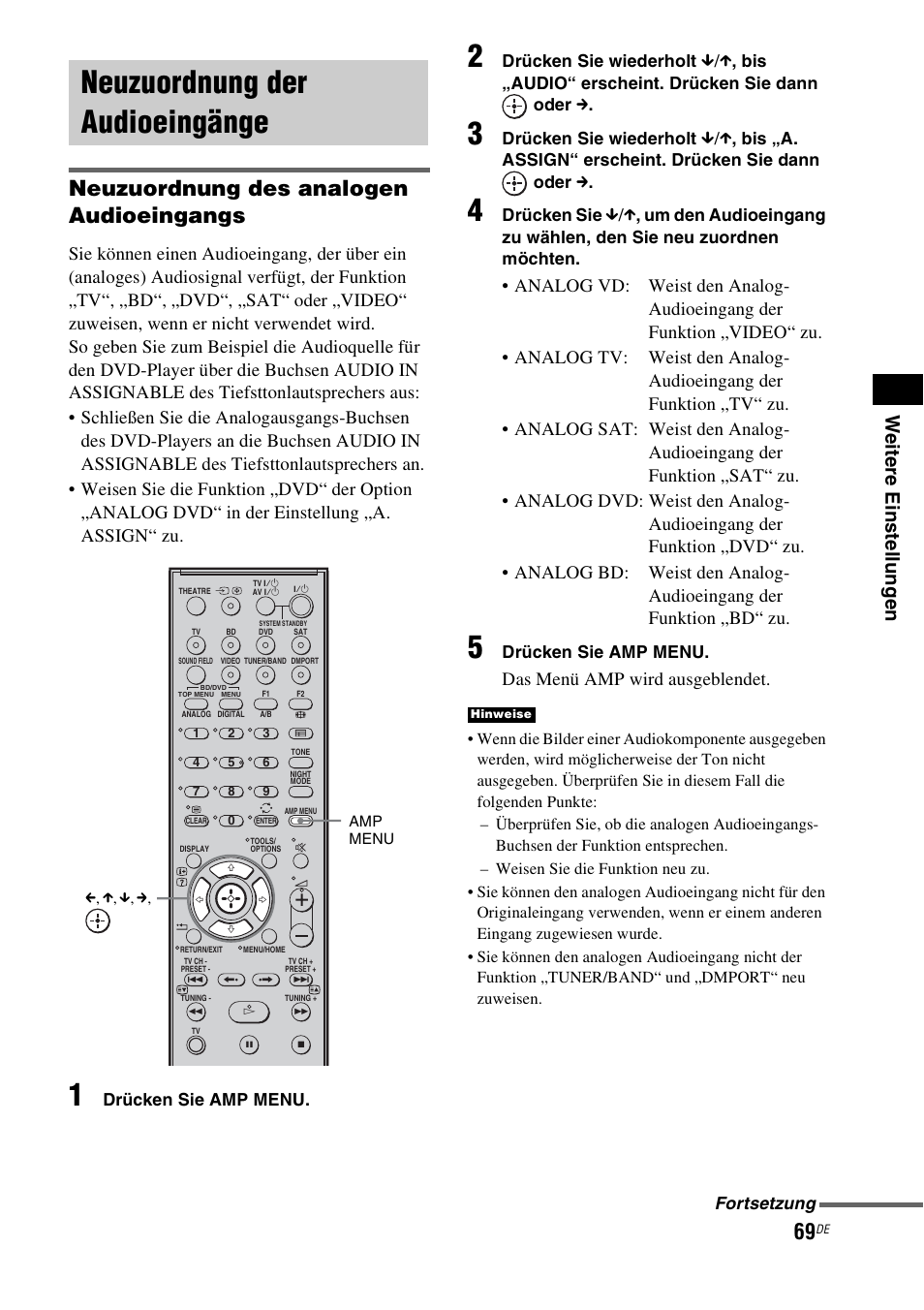 Neuzuordnung der audioeingänge, Neuzuordnung des analogen audioeingangs, We itere eins tellu ng e n | Das menü amp wird ausgeblendet | Sony HT-IS100 User Manual | Page 69 / 256