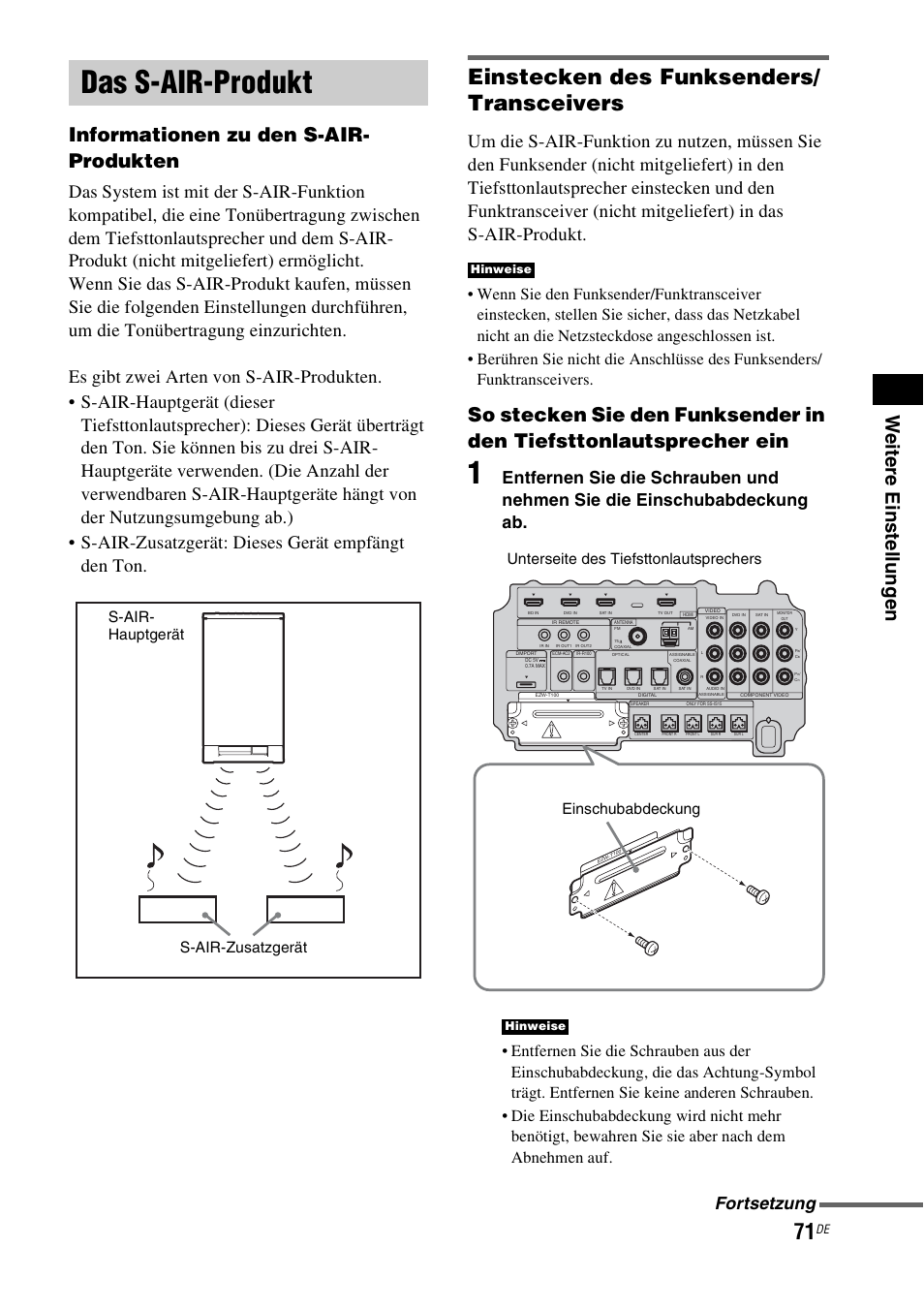 Das s-air-produkt, Einstecken des funksenders/ transceivers, Fortsetzung | S-air- hauptgerät s-air-zusatzgerät | Sony HT-IS100 User Manual | Page 71 / 256