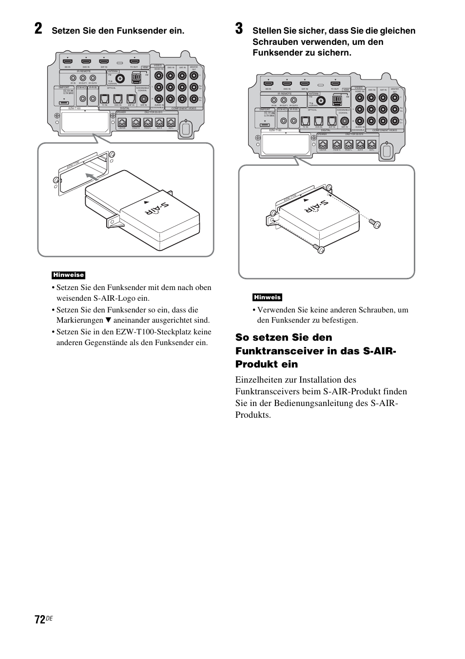 Setzen sie den funksender ein, Hinweise, Hinweis | Sony HT-IS100 User Manual | Page 72 / 256
