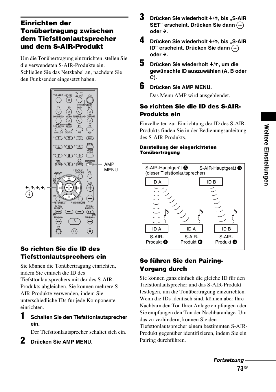 We itere eins tellu ng e n, So richten sie die id des s-air- produkts ein, So führen sie den pairing- vorgang durch | Der tiefsttonlautsprecher schaltet sich ein, Das menü amp wird ausgeblendet | Sony HT-IS100 User Manual | Page 73 / 256