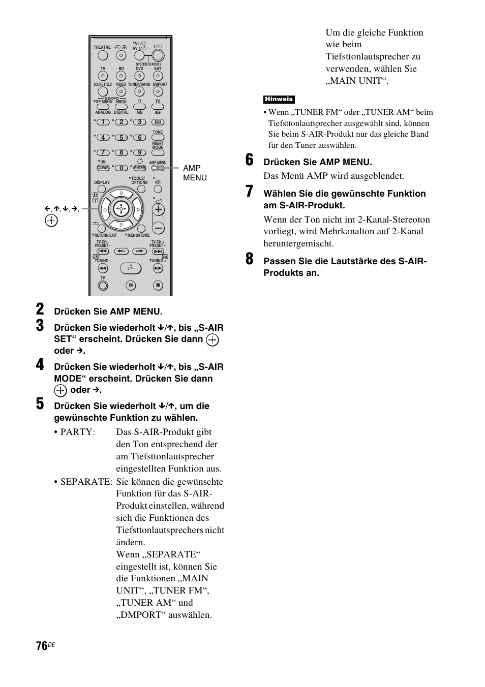 Das menü amp wird ausgeblendet, Drücken sie amp menu, Drücken sie wiederholt | X , um die gewünschte funktion zu wählen, Passen sie die lautstärke des s-air- produkts an | Sony HT-IS100 User Manual | Page 76 / 256