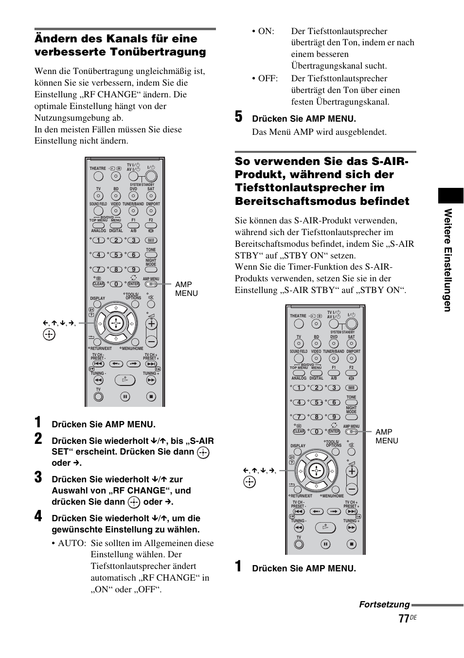 T (seite 77), We itere eins tellu ng e n, Das menü amp wird ausgeblendet | Drücken sie amp menu, Drücken sie wiederholt, X , um die gewünschte einstellung zu wählen, Fortsetzung | Sony HT-IS100 User Manual | Page 77 / 256