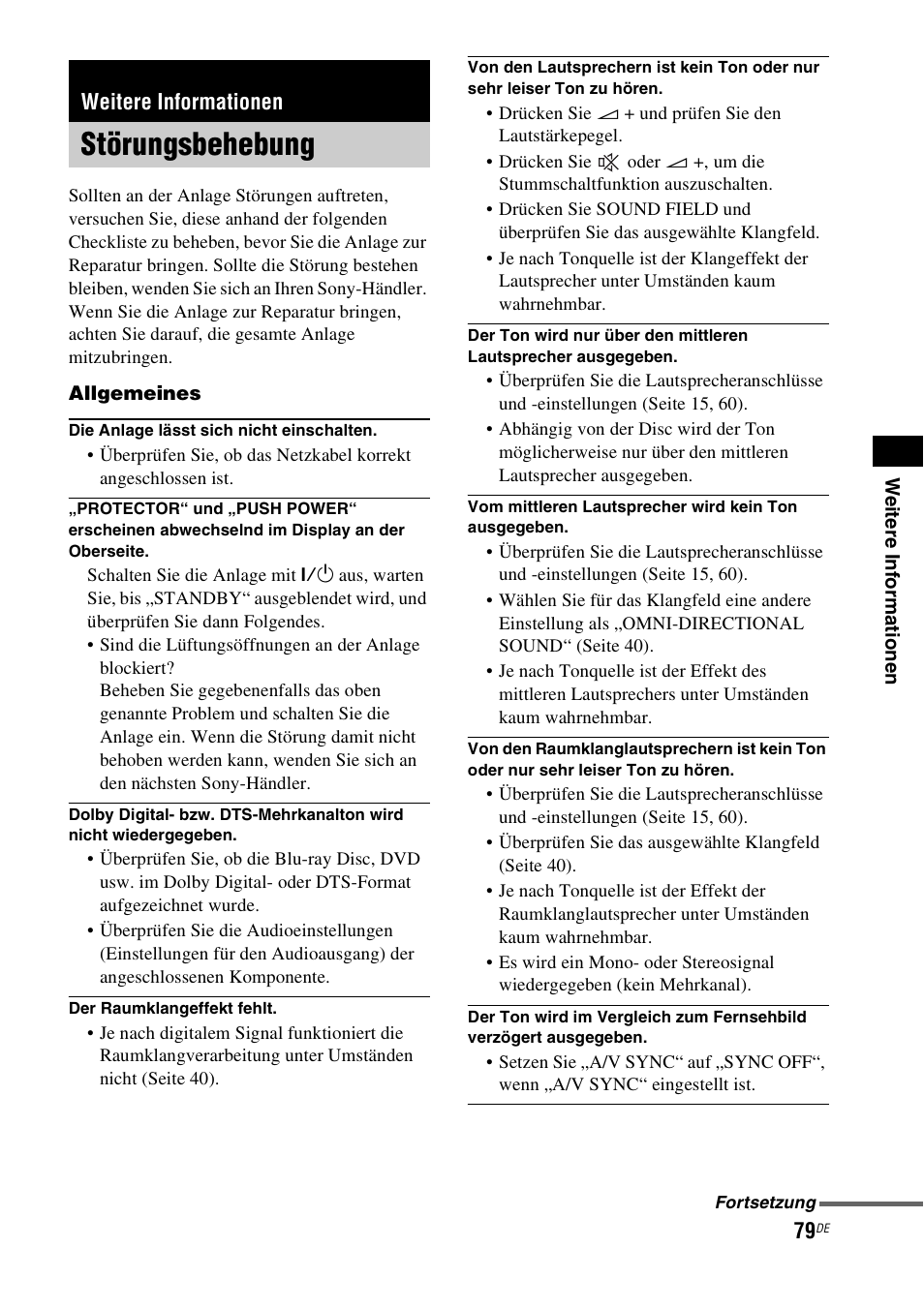 Weitere informationen, Störungsbehebung | Sony HT-IS100 User Manual | Page 79 / 256