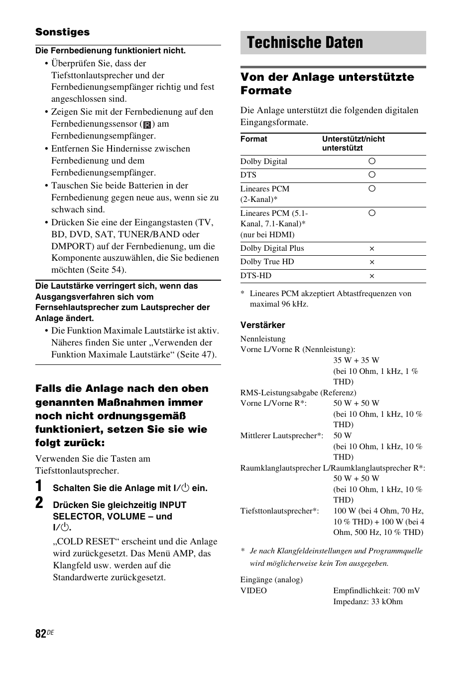 Technische daten, T (seite 82), Von der anlage unterstützte formate | Sony HT-IS100 User Manual | Page 82 / 256