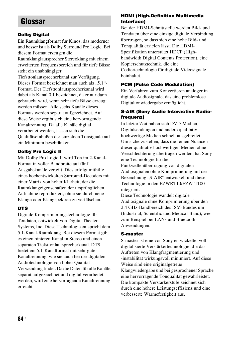 Glossar | Sony HT-IS100 User Manual | Page 84 / 256