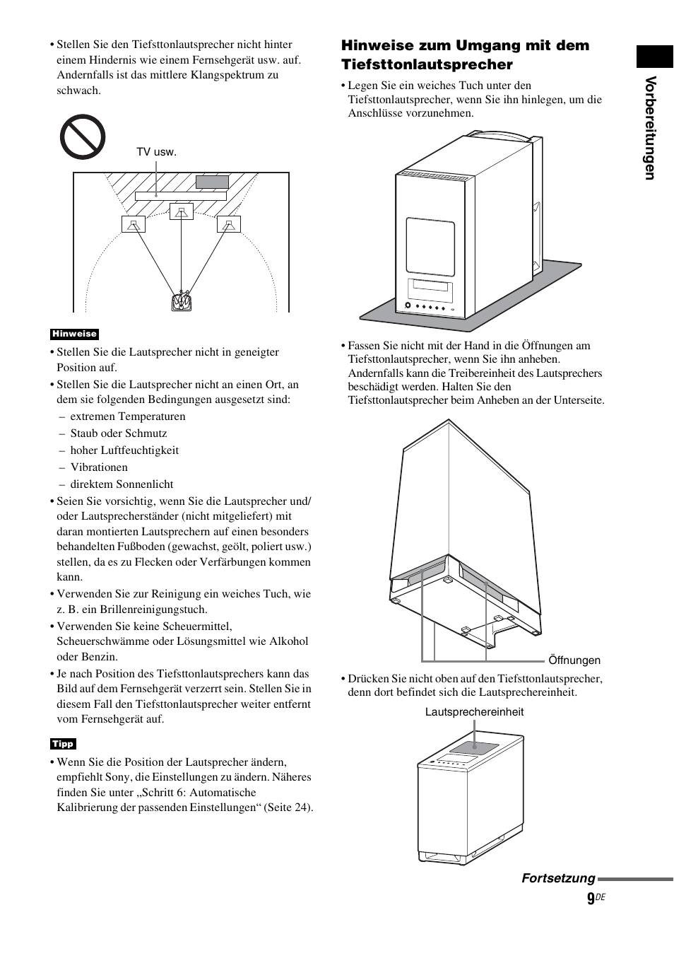 Vo rberei tungen, Hinweise zum umgang mit dem tiefsttonlautsprecher | Sony HT-IS100 User Manual | Page 9 / 256