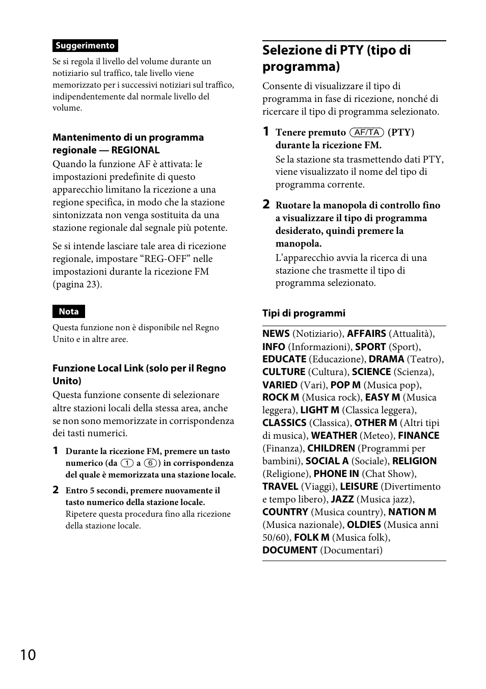 Selezione di pty (tipo di programma) | Sony CDX-GT565UV User Manual | Page 100 / 156