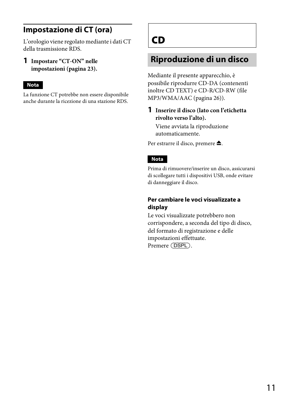 Riproduzione di un disco, Impostazione di ct (ora) | Sony CDX-GT565UV User Manual | Page 101 / 156