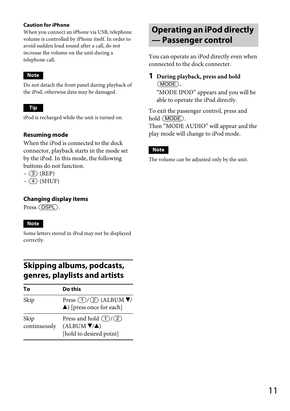 Operating an ipod directly — passenger control | Sony CDX-GT565UV User Manual | Page 11 / 156