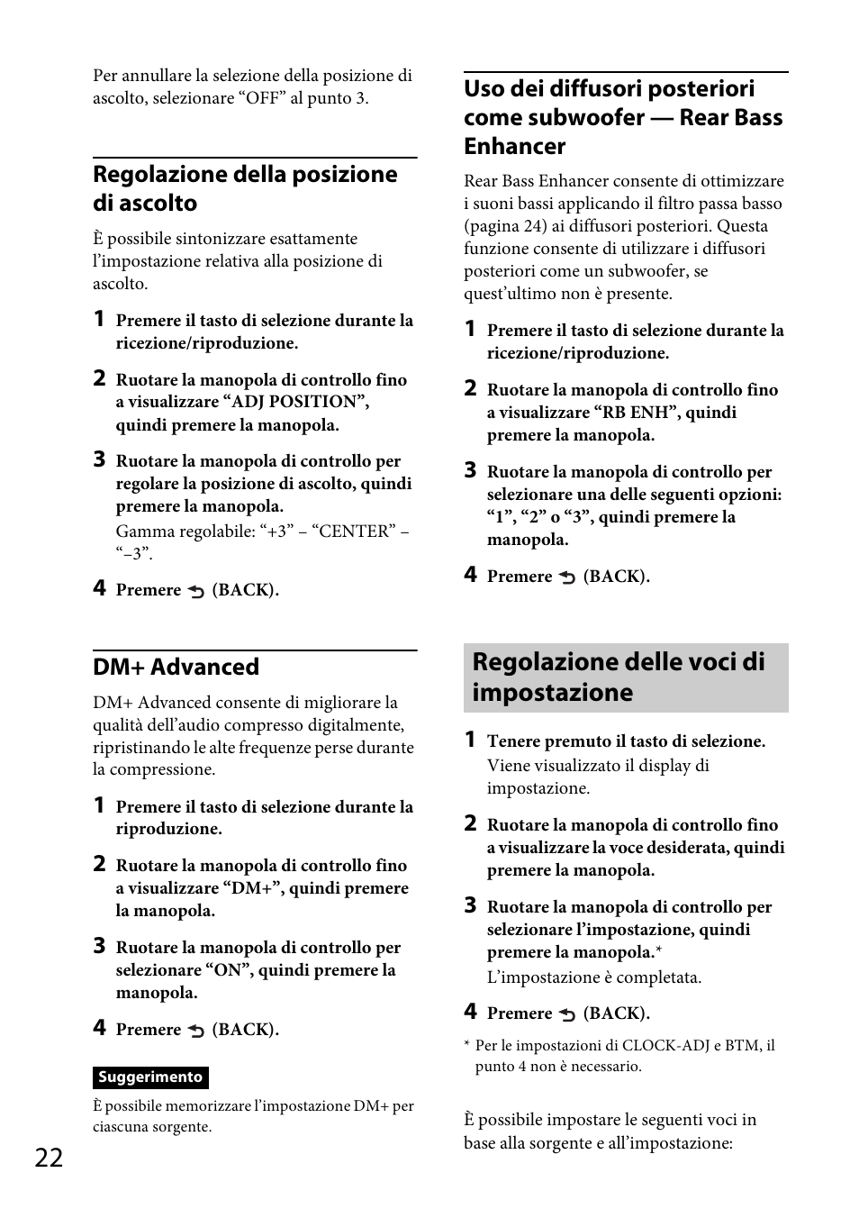 Regolazione delle voci di impostazione, Regolazione della posizione di ascolto, Dm+ advanced | Sony CDX-GT565UV User Manual | Page 112 / 156