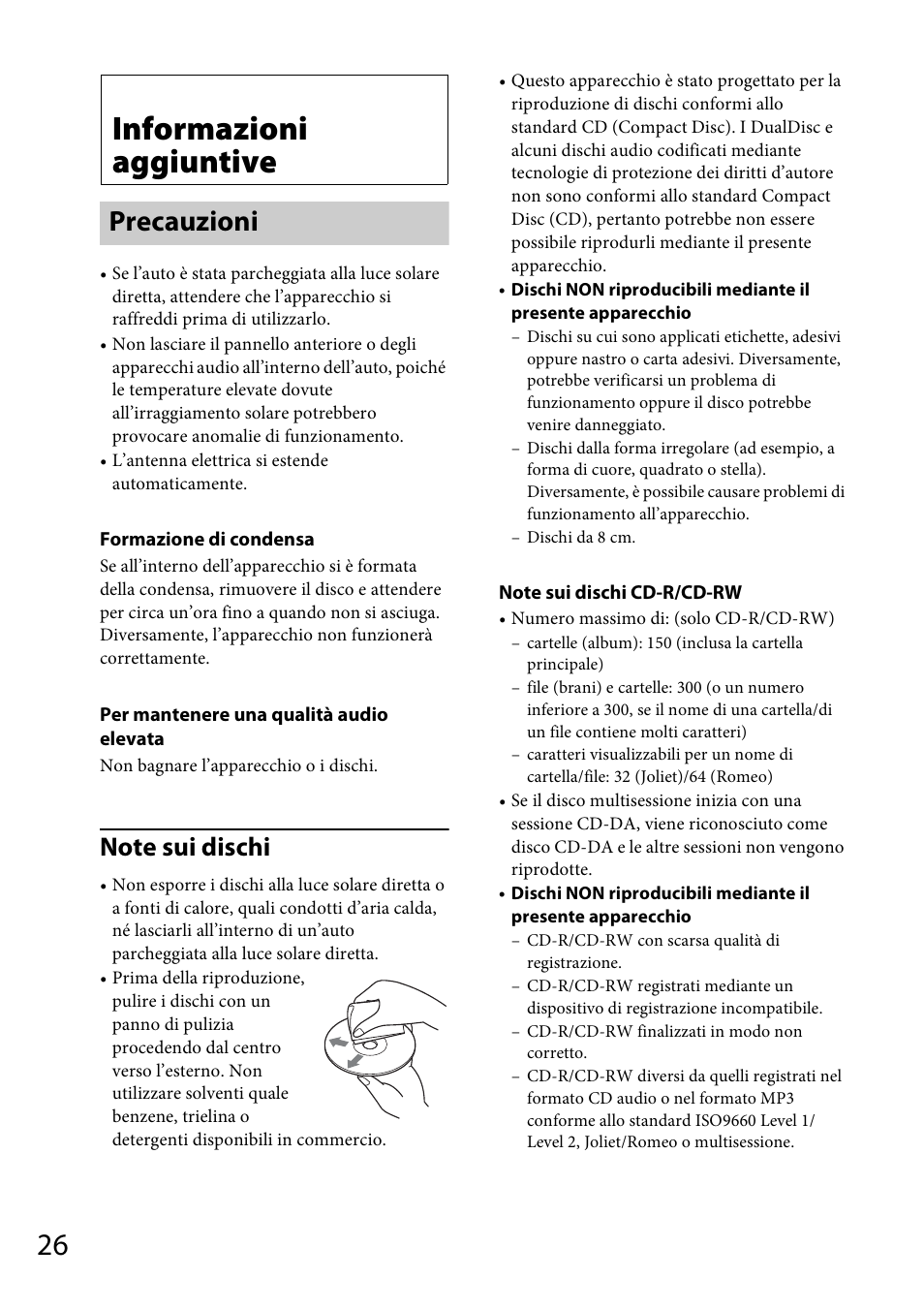 Informazioni aggiuntive, Precauzioni | Sony CDX-GT565UV User Manual | Page 116 / 156