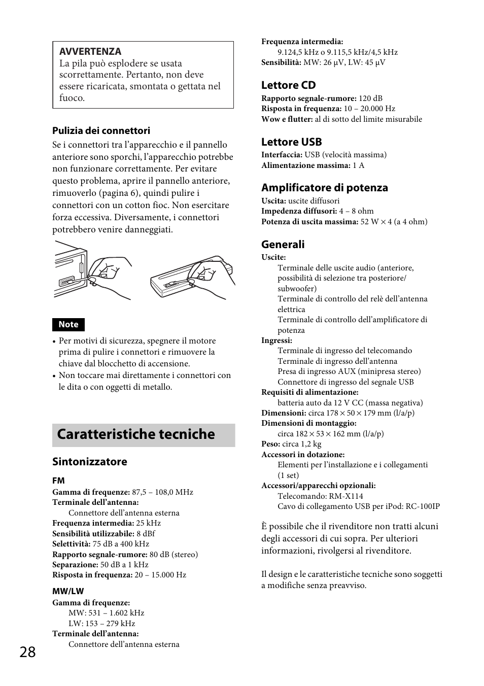 Caratteristiche tecniche, Sintonizzatore, Lettore cd | Lettore usb, Amplificatore di potenza, Generali | Sony CDX-GT565UV User Manual | Page 118 / 156