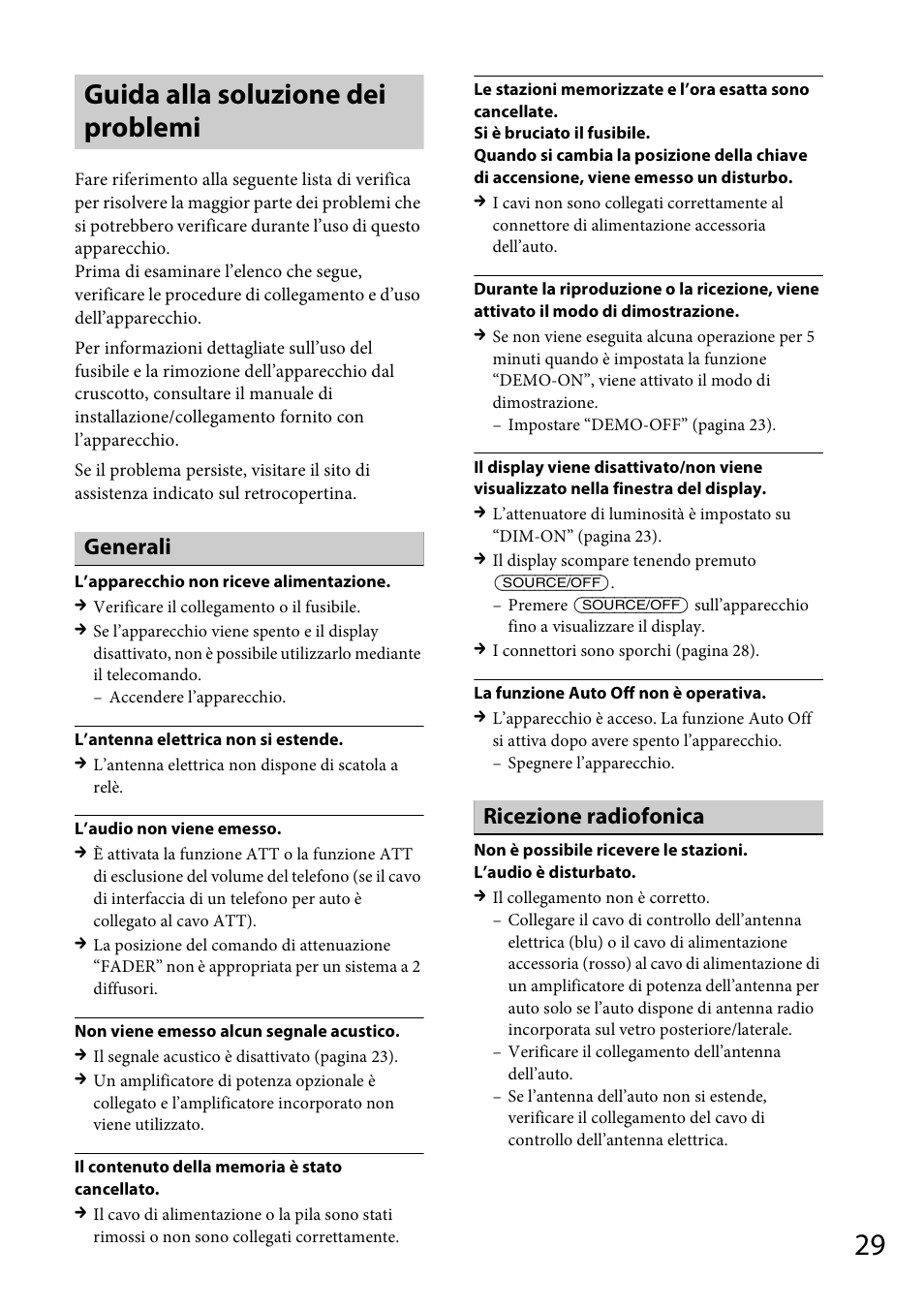 Guida alla soluzione dei problemi, Generali, Ricezione radiofonica | Sony CDX-GT565UV User Manual | Page 119 / 156