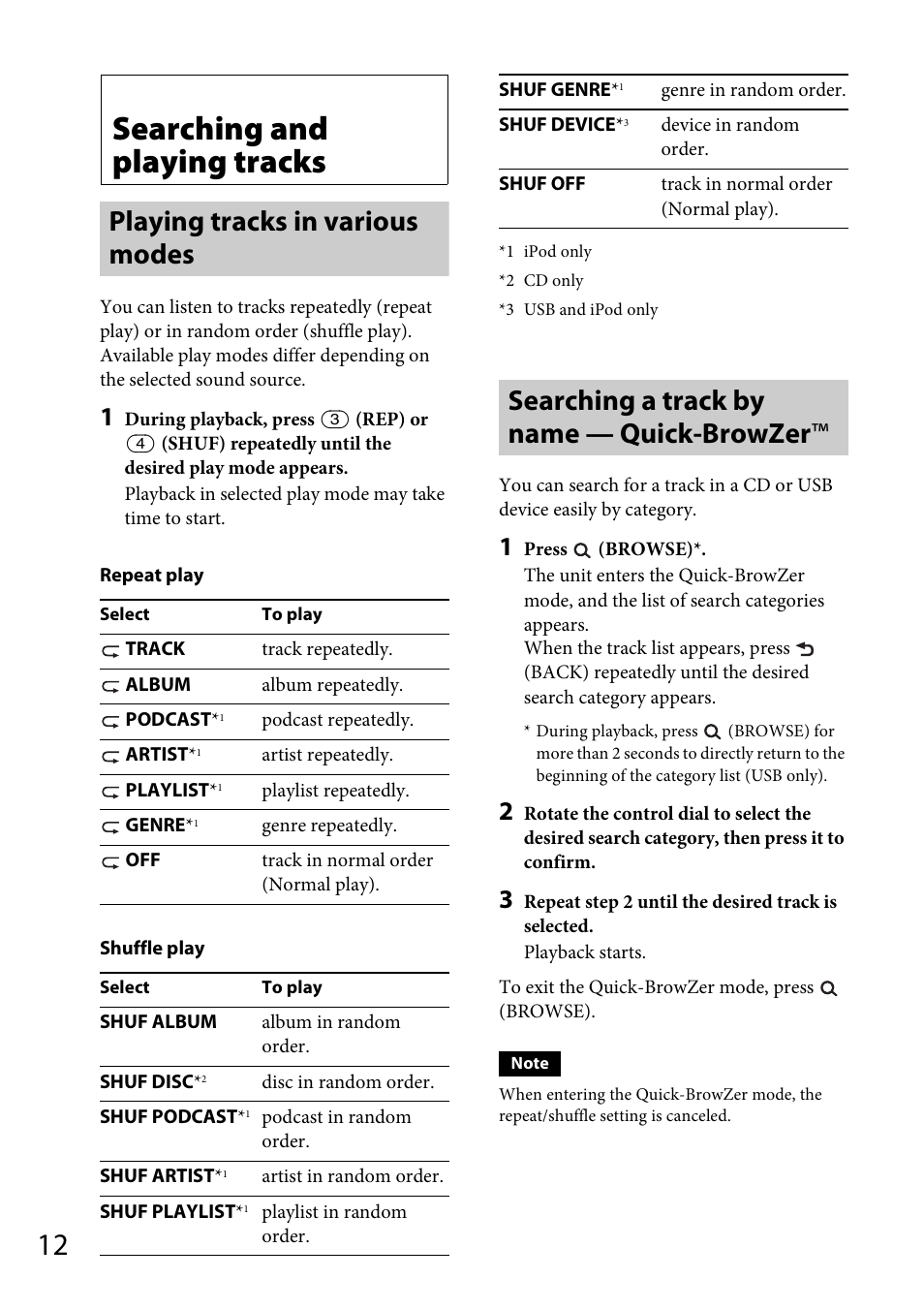 Searching and playing tracks, Playing tracks in various modes, Searching a track by name — quick-browzer | Sony CDX-GT565UV User Manual | Page 12 / 156