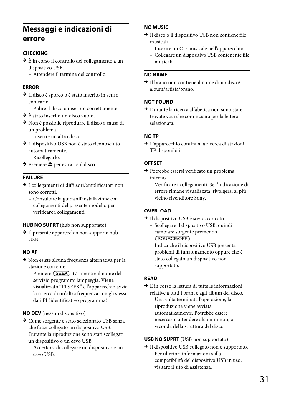 Messaggi e indicazioni di errore | Sony CDX-GT565UV User Manual | Page 121 / 156