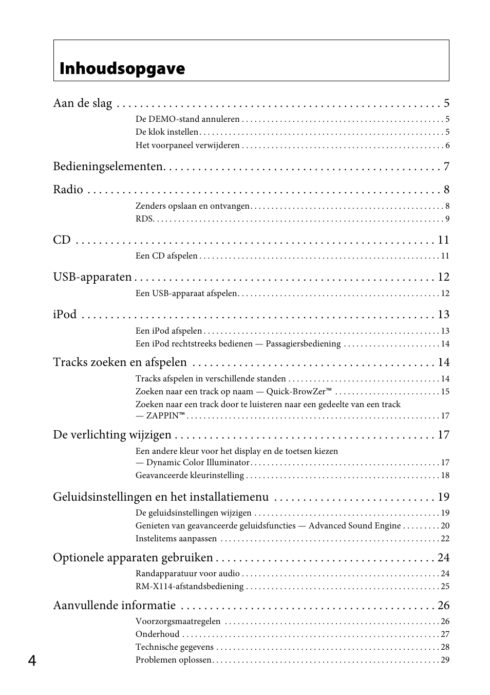 Inhoudsopgave | Sony CDX-GT565UV User Manual | Page 126 / 156