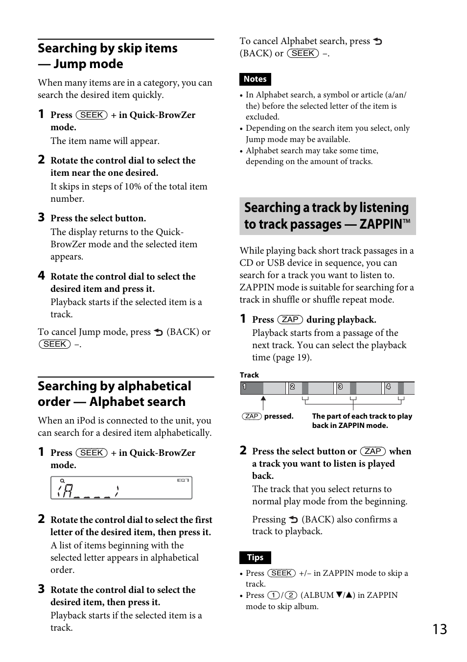 Searching by skip items — jump mode, Searching by alphabetical order — alphabet search | Sony CDX-GT565UV User Manual | Page 13 / 156