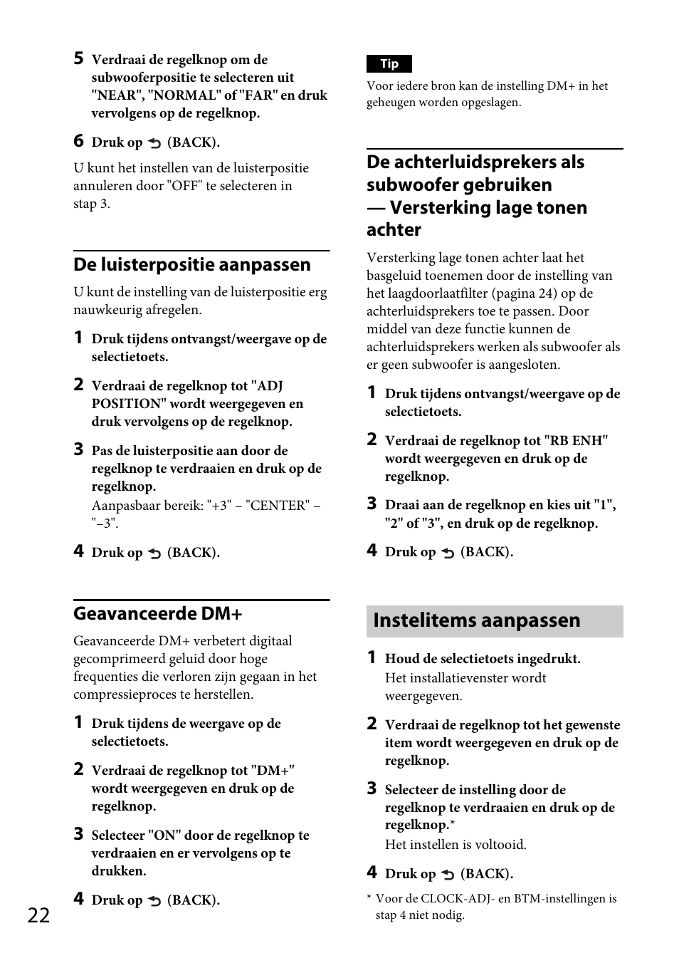 Instelitems aanpassen, De luisterpositie aanpassen, Geavanceerde dm | Sony CDX-GT565UV User Manual | Page 144 / 156