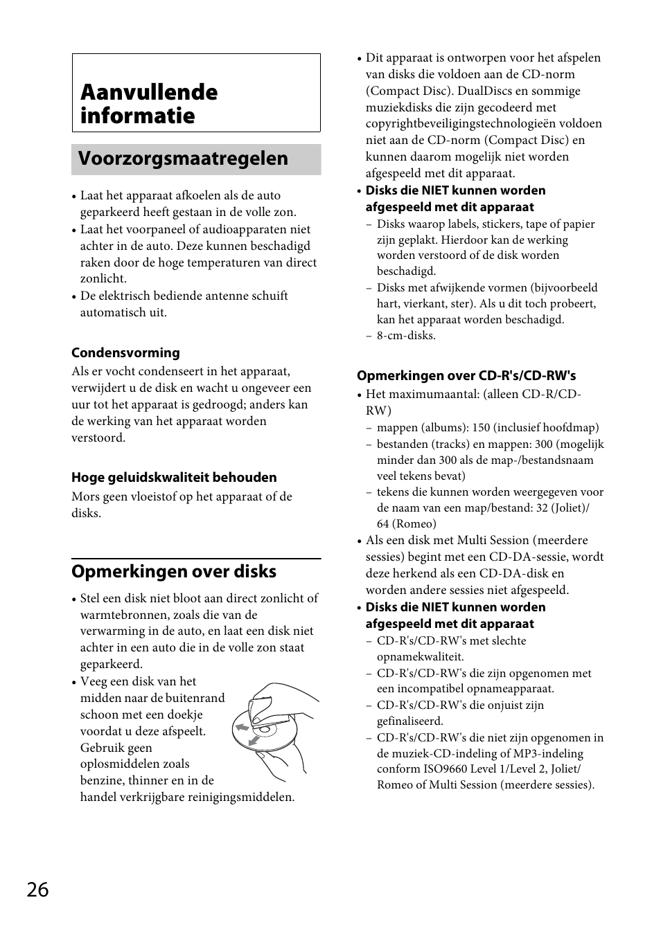 Aanvullende informatie, Voorzorgsmaatregelen, Opmerkingen over disks | Sony CDX-GT565UV User Manual | Page 148 / 156