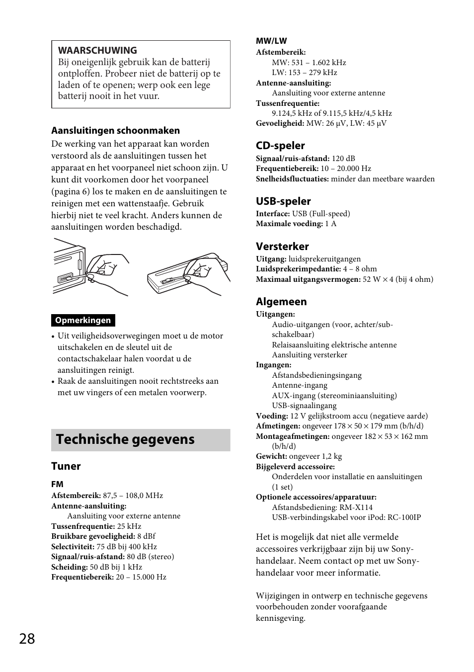 Technische gegevens, Tuner, Cd-speler | Usb-speler, Versterker, Algemeen | Sony CDX-GT565UV User Manual | Page 150 / 156