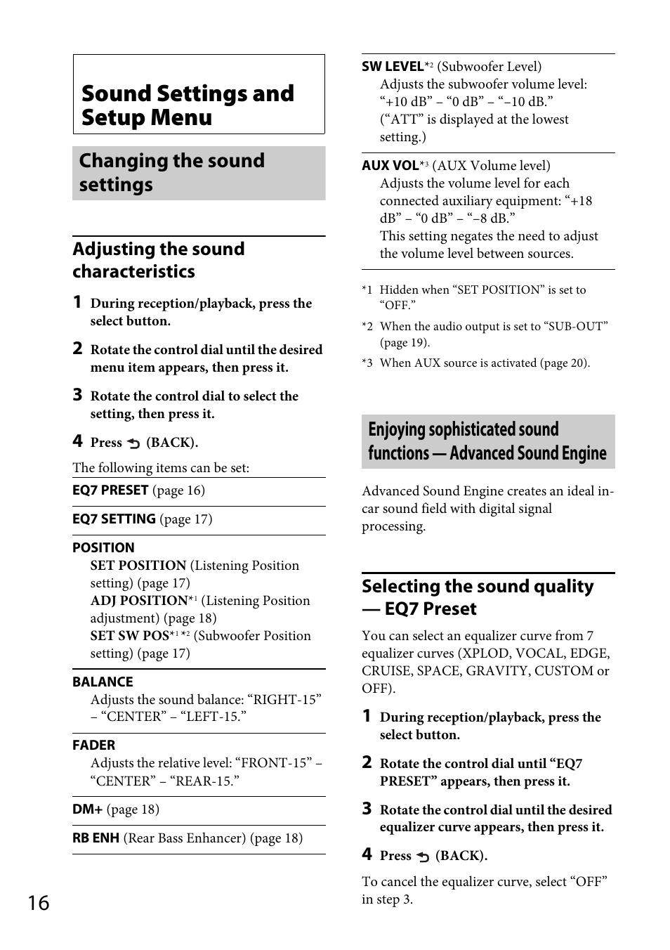 Sound settings and setup menu, Changing the sound settings, Adjusting the sound characteristics 1 | Selecting the sound quality — eq7 preset | Sony CDX-GT565UV User Manual | Page 16 / 156