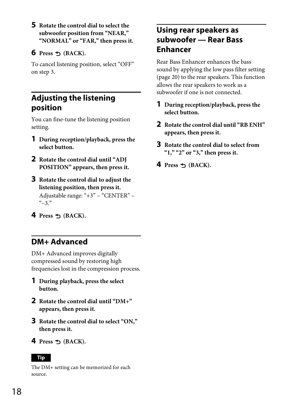 Adjusting the listening position, Dm+ advanced | Sony CDX-GT565UV User Manual | Page 18 / 156