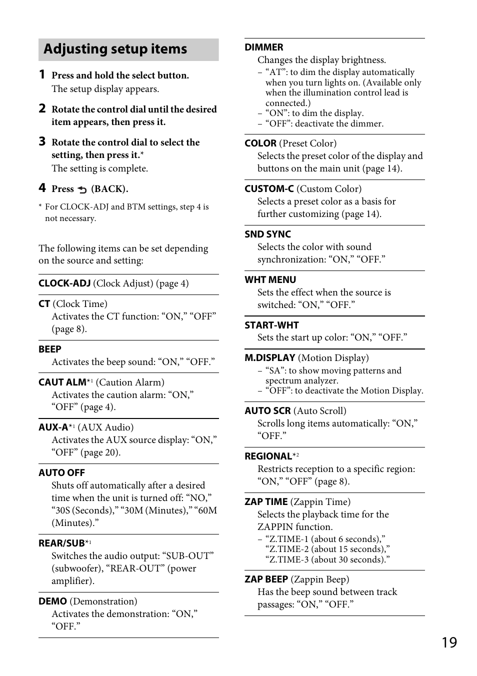 Adjusting setup items | Sony CDX-GT565UV User Manual | Page 19 / 156