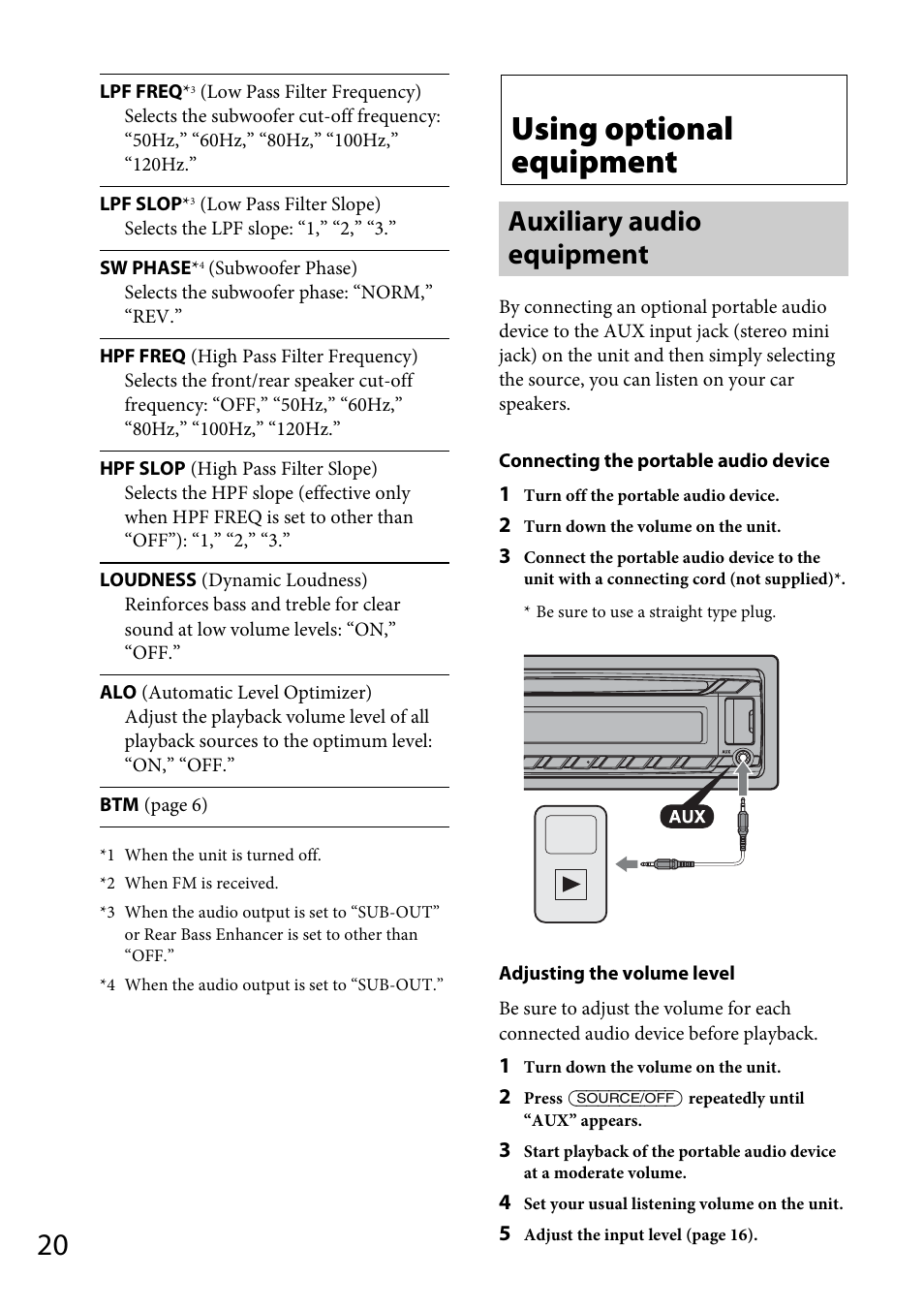 Using optional equipment, Auxiliary audio equipment | Sony CDX-GT565UV User Manual | Page 20 / 156