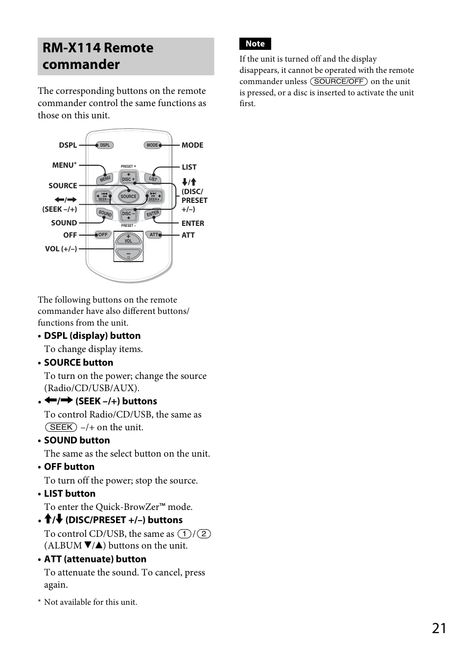 Rm-x114 remote commander | Sony CDX-GT565UV User Manual | Page 21 / 156