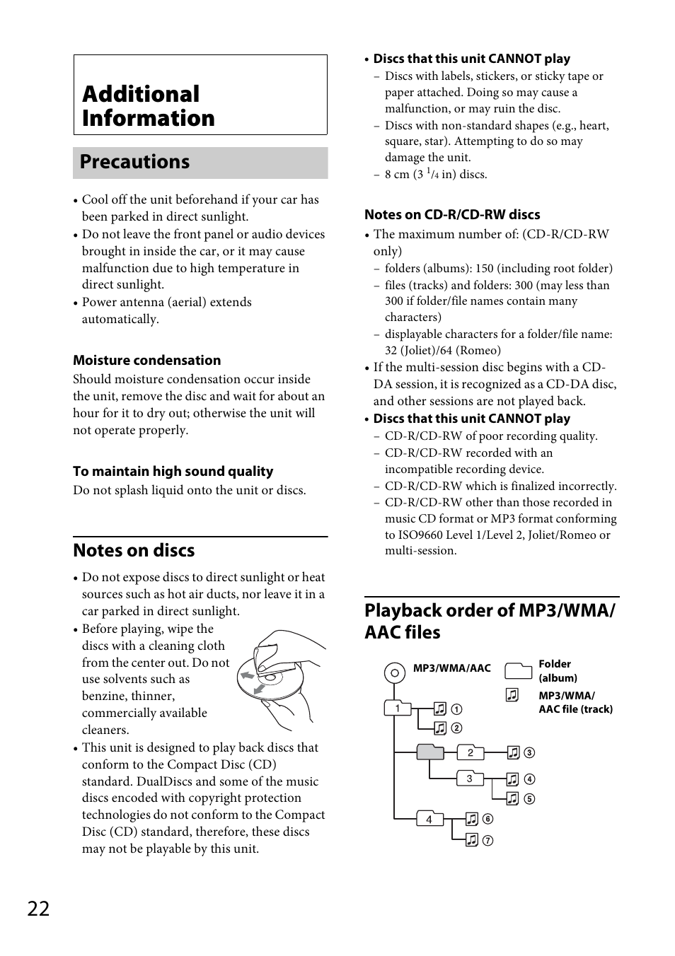 Additional information, Precautions, Playback order of mp3/wma/ aac files | Sony CDX-GT565UV User Manual | Page 22 / 156