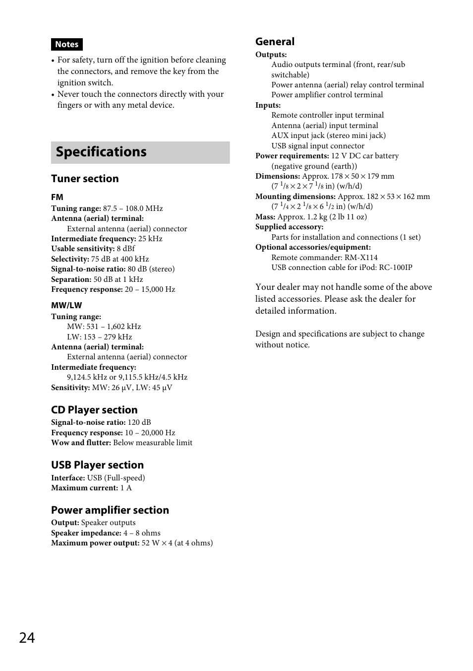 Specifications, General | Sony CDX-GT565UV User Manual | Page 24 / 156