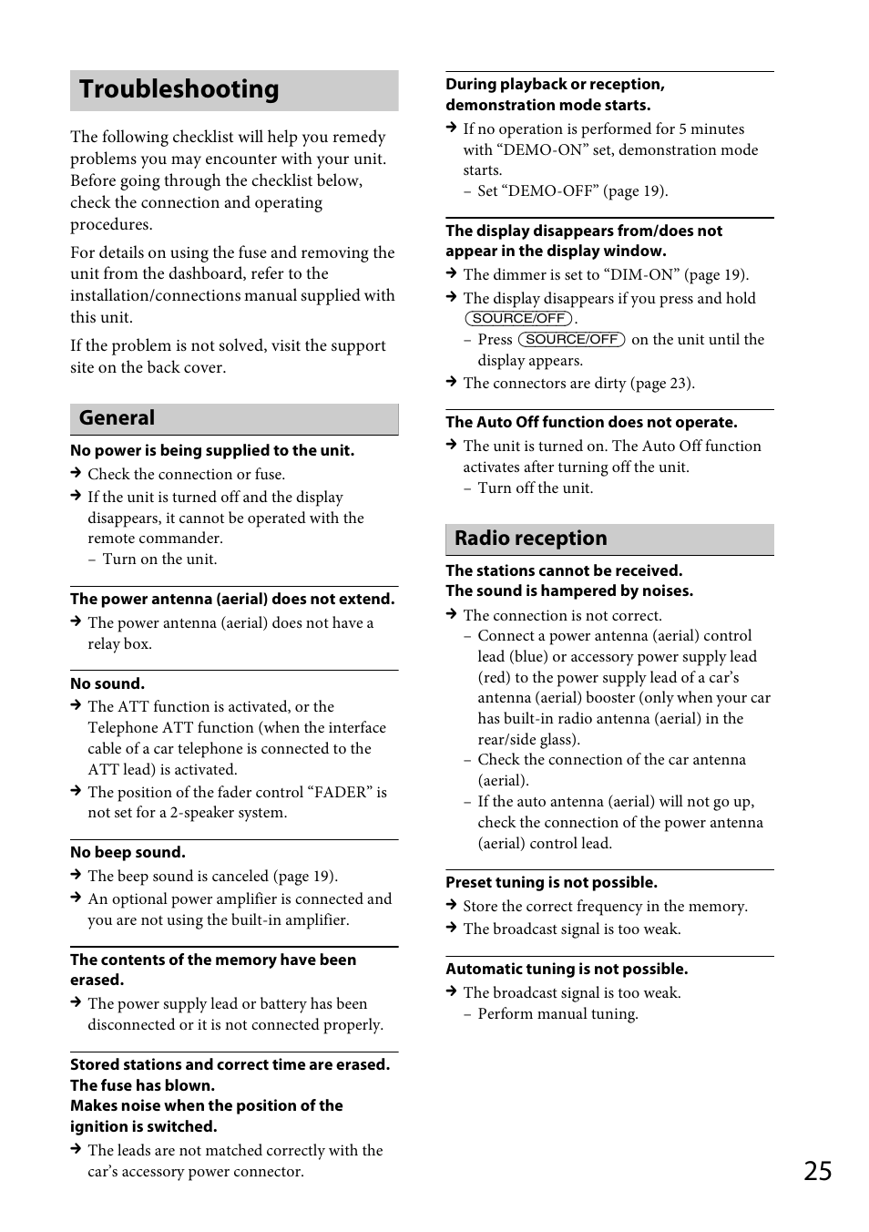 Troubleshooting, General, Radio reception | Sony CDX-GT565UV User Manual | Page 25 / 156