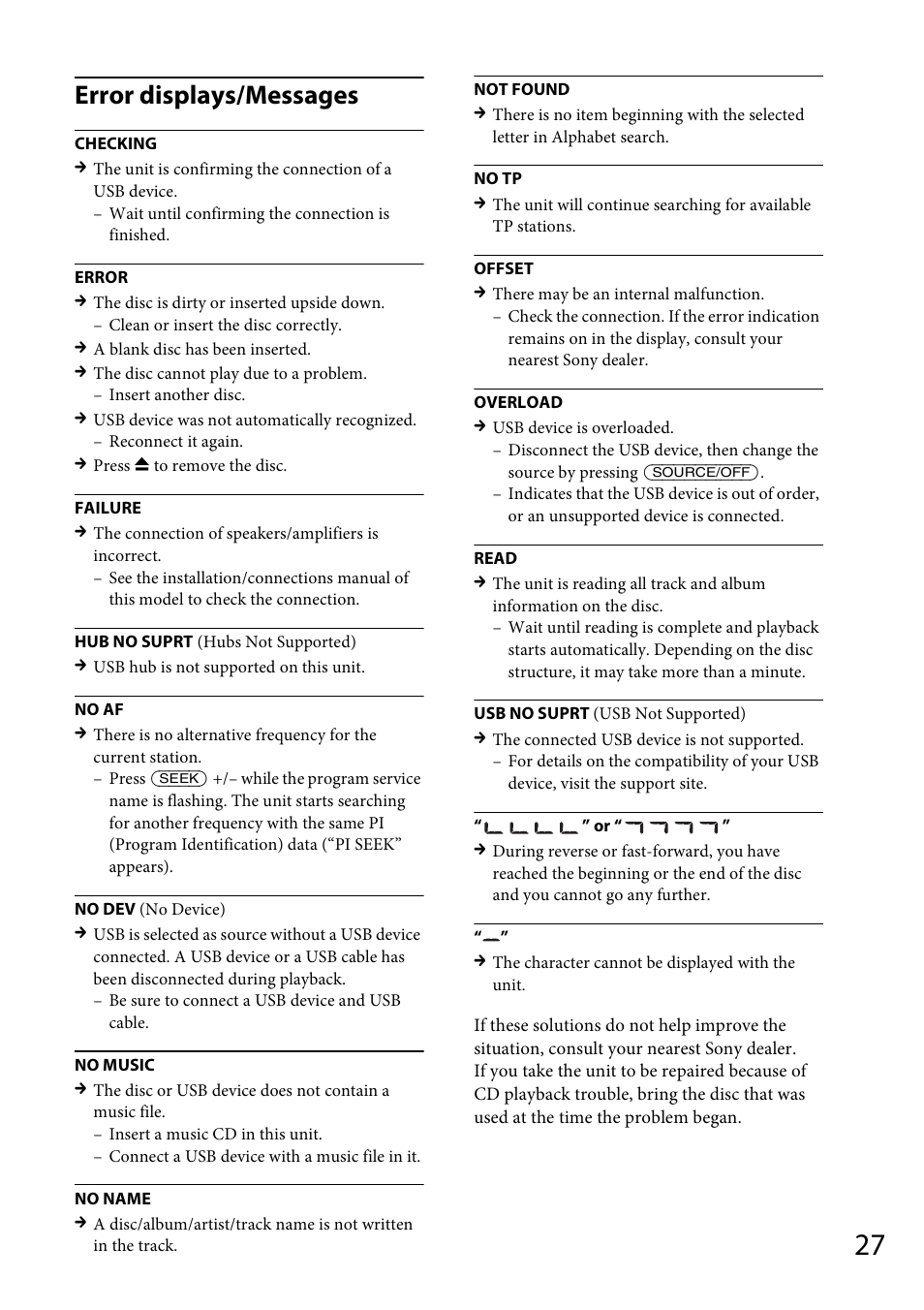 Error displays/messages | Sony CDX-GT565UV User Manual | Page 27 / 156