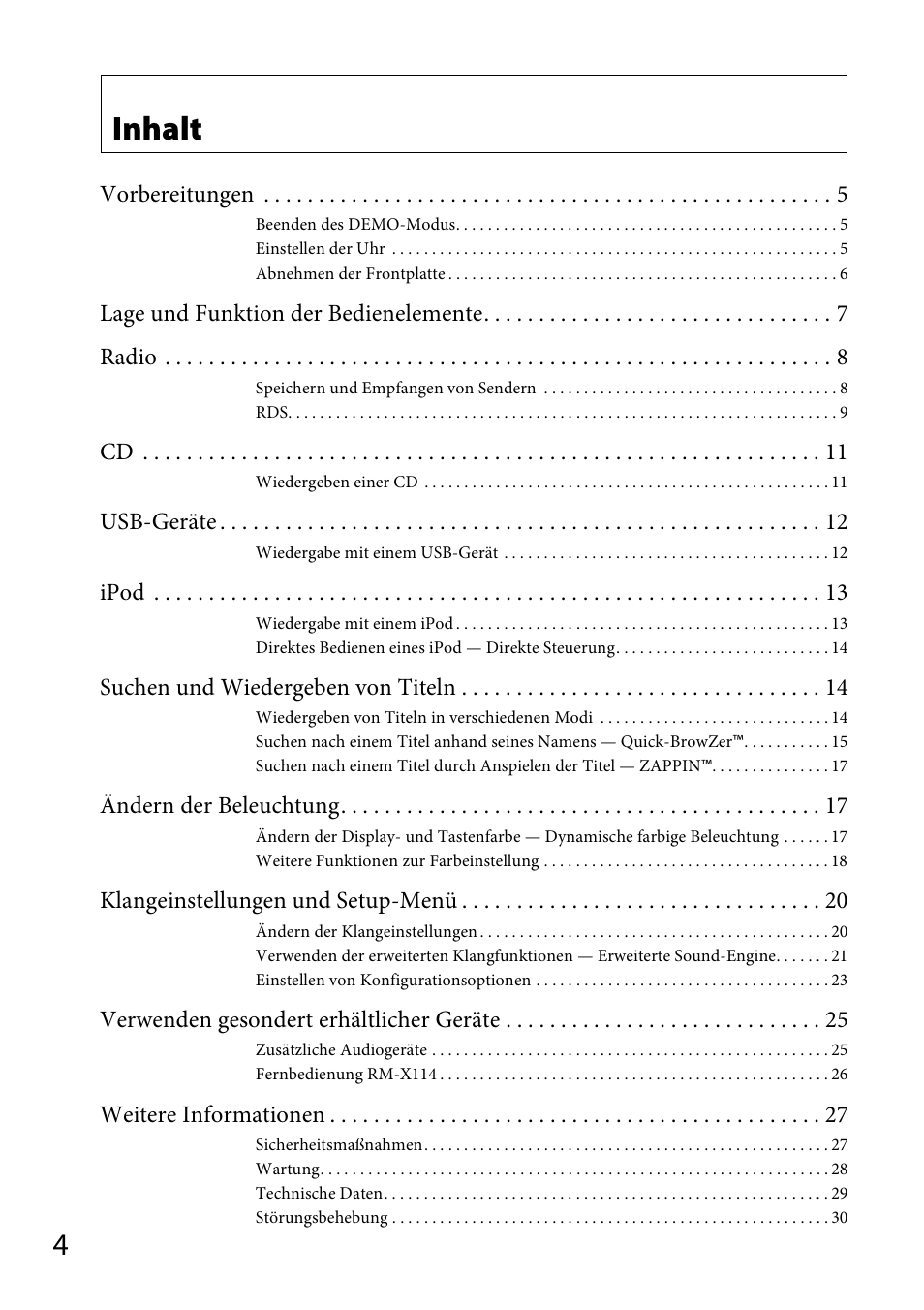 Inhalt | Sony CDX-GT565UV User Manual | Page 30 / 156