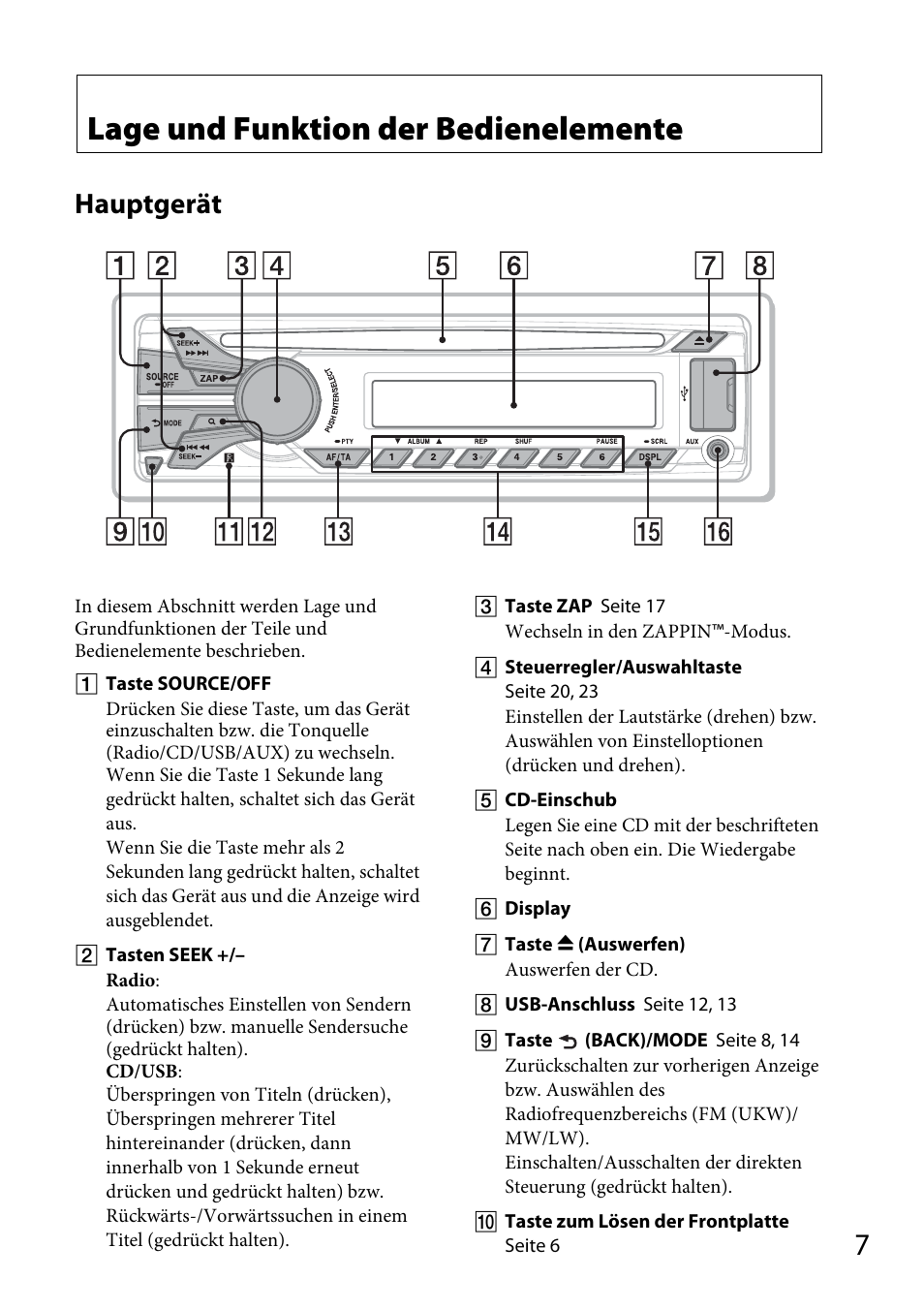 Lage und funktion der bedienelemente, Hauptgerät | Sony CDX-GT565UV User Manual | Page 33 / 156