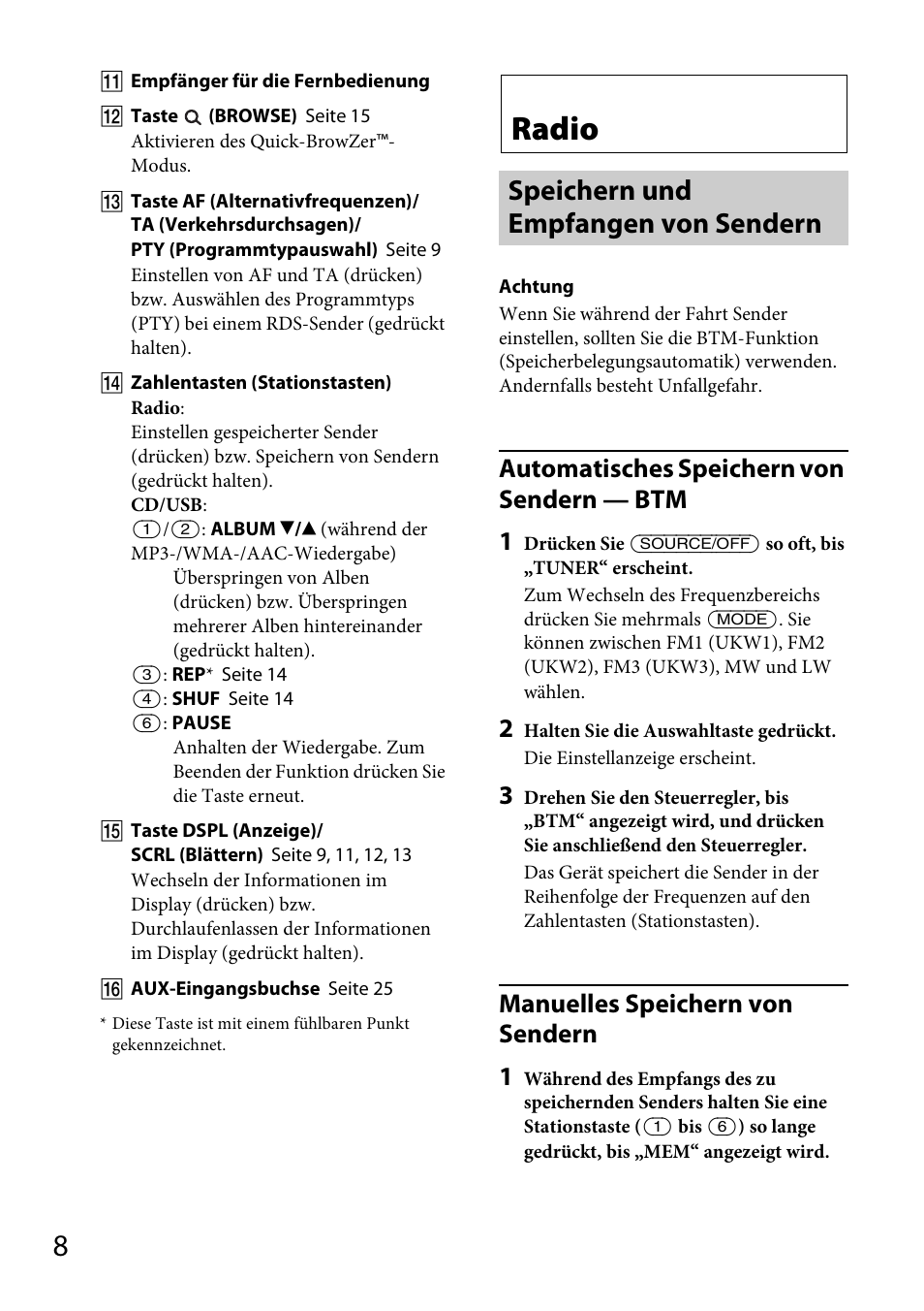 Radio, Speichern und empfangen von sendern, Seite 8 | Automatisches speichern von sendern — btm 1, Manuelles speichern von sendern 1 | Sony CDX-GT565UV User Manual | Page 34 / 156