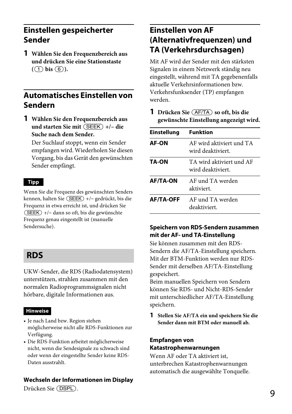 Seite 9, Einstellen gespeicherter sender 1, Automatisches einstellen von sendern 1 | Sony CDX-GT565UV User Manual | Page 35 / 156