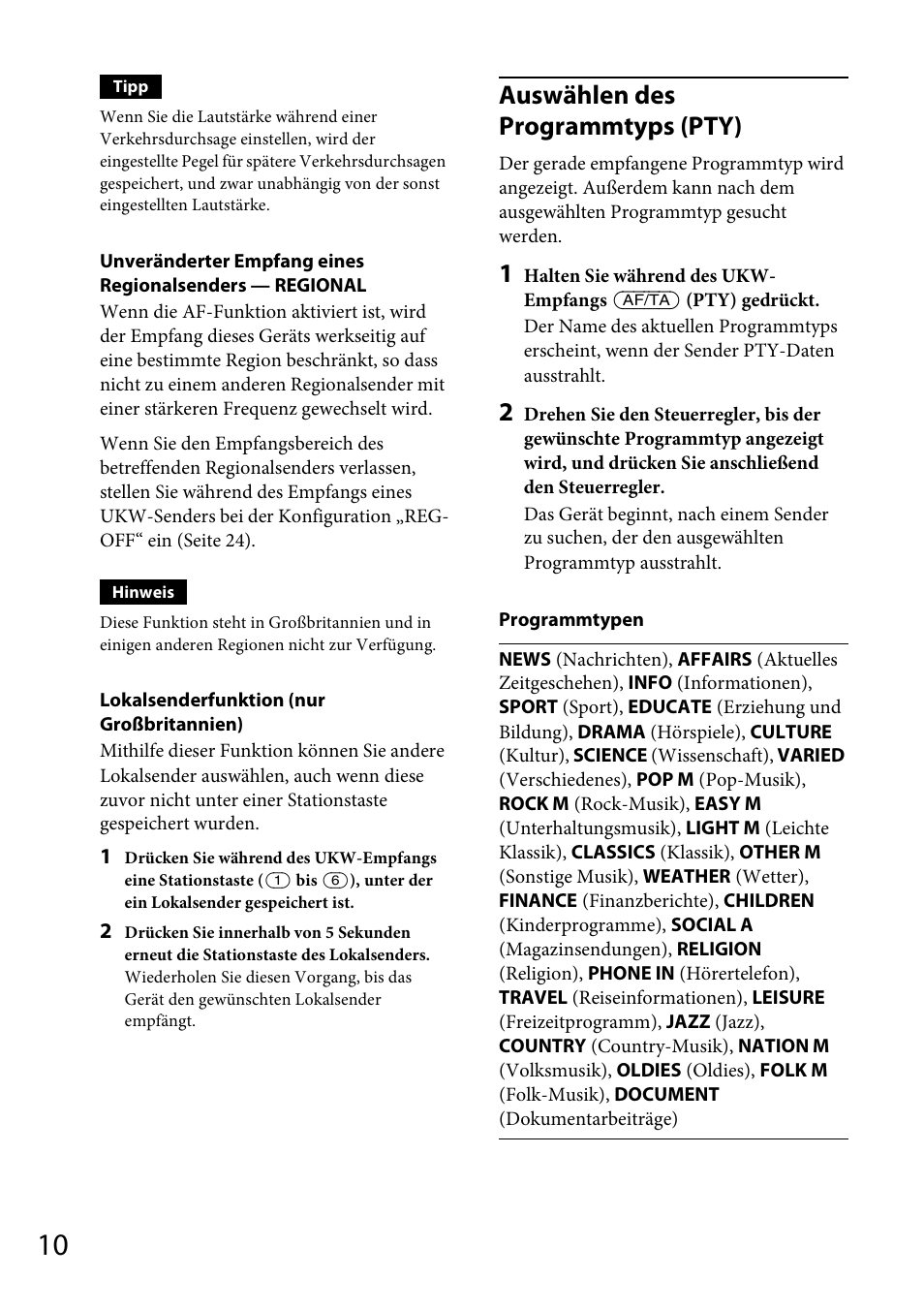 Auswählen des programmtyps (pty) | Sony CDX-GT565UV User Manual | Page 36 / 156