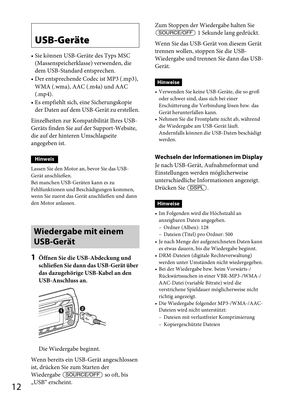 Usb-geräte, Wiedergabe mit einem usb-gerät, S seite 12 | Sony CDX-GT565UV User Manual | Page 38 / 156