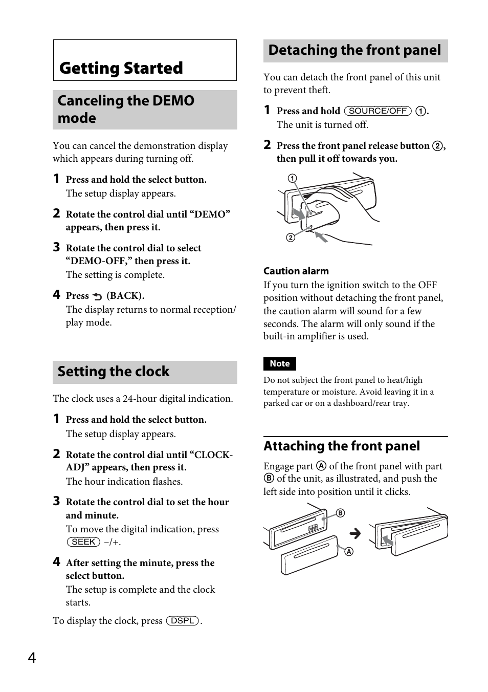 Getting started, Canceling the demo mode, Setting the clock | Detaching the front panel, Attaching the front panel | Sony CDX-GT565UV User Manual | Page 4 / 156