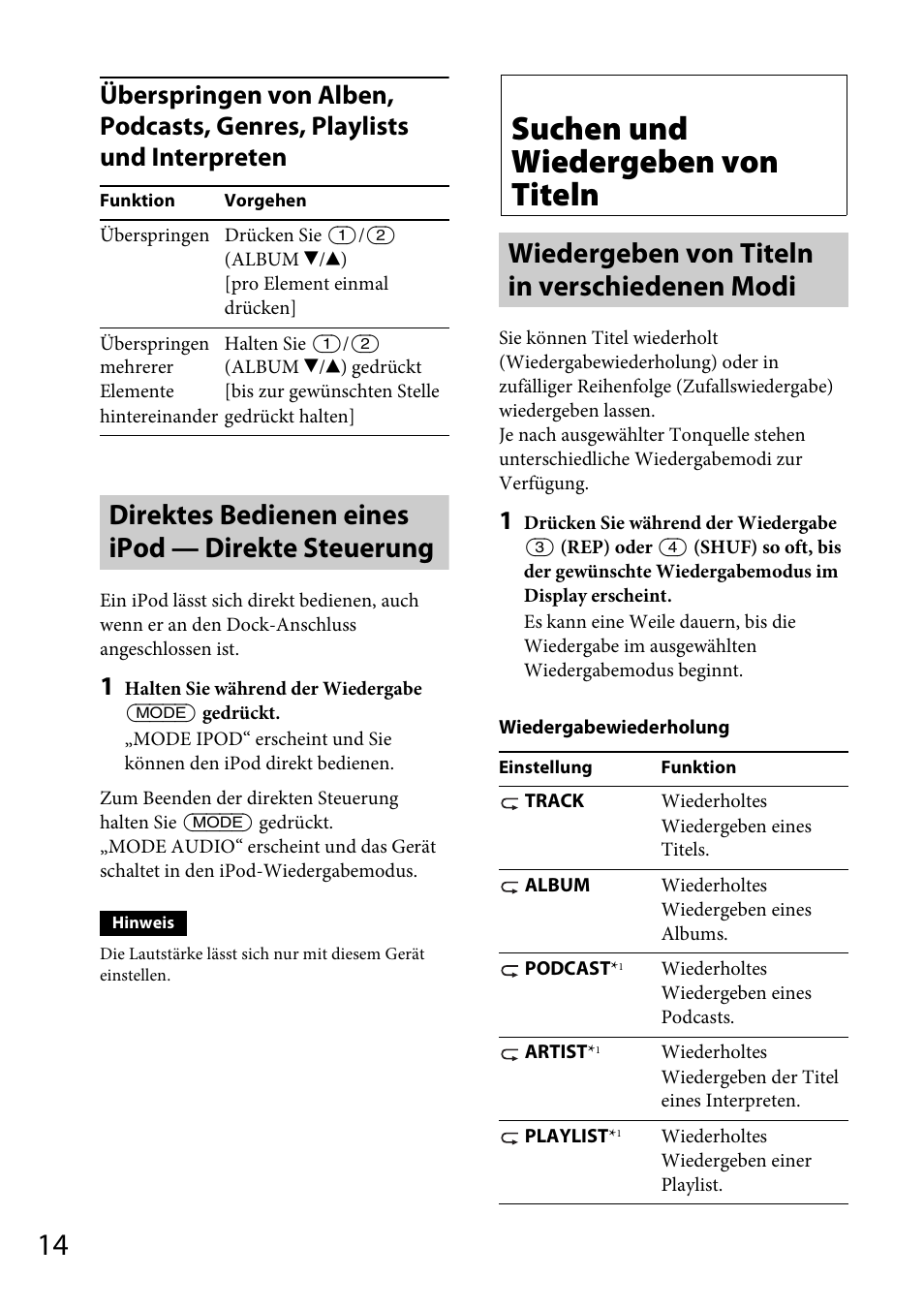 Direktes bedienen eines ipod — direkte steuerung, Suchen und wiedergeben von titeln, Wiedergeben von titeln in verschiedenen modi | Seite 14 | Sony CDX-GT565UV User Manual | Page 40 / 156