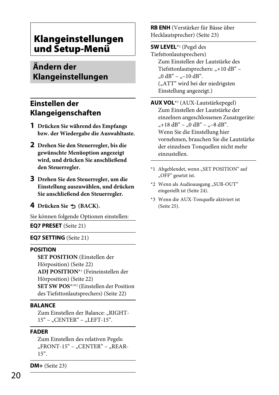 Klangeinstellungen und setup-menü, Ändern der klangeinstellungen, Seite 20 | Einstellen der klangeigenschaften 1 | Sony CDX-GT565UV User Manual | Page 46 / 156