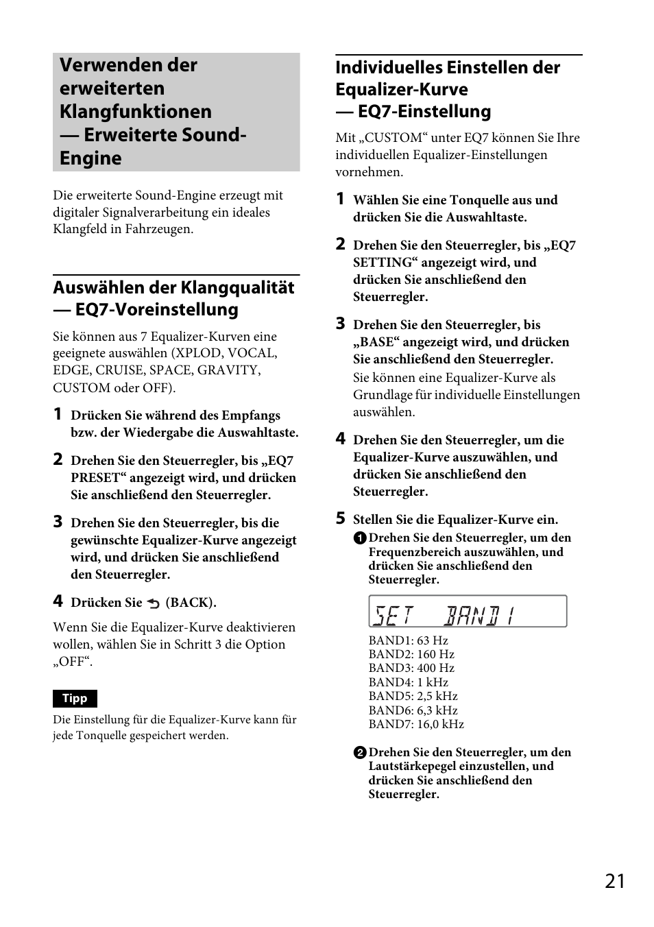 Seite 21), Auswählen der klangqualität — eq7-voreinstellung | Sony CDX-GT565UV User Manual | Page 47 / 156