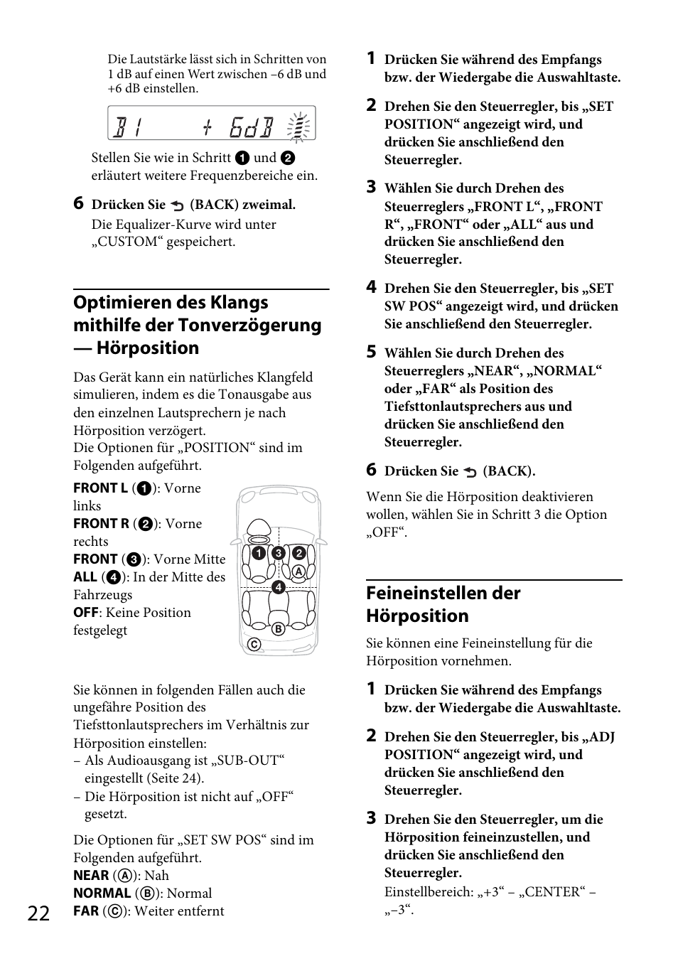 Seite 22), Feineinstellen der hörposition | Sony CDX-GT565UV User Manual | Page 48 / 156